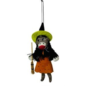 Handmade Sock Monkey Witch – Vintage-Inspired Halloween Folk Art Doll with Broom